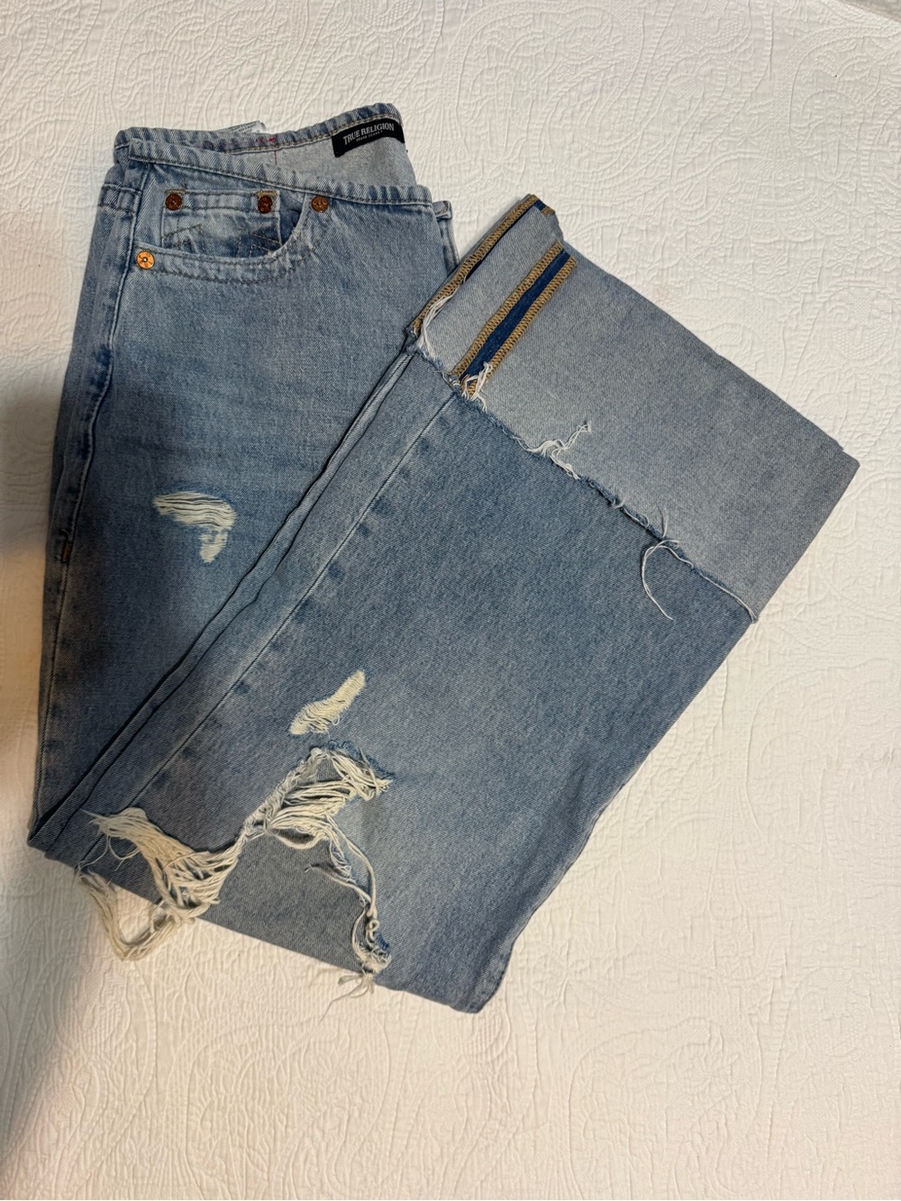True Religion Light Blue Distressed Wide Leg Jeans - Picture 2 of 4